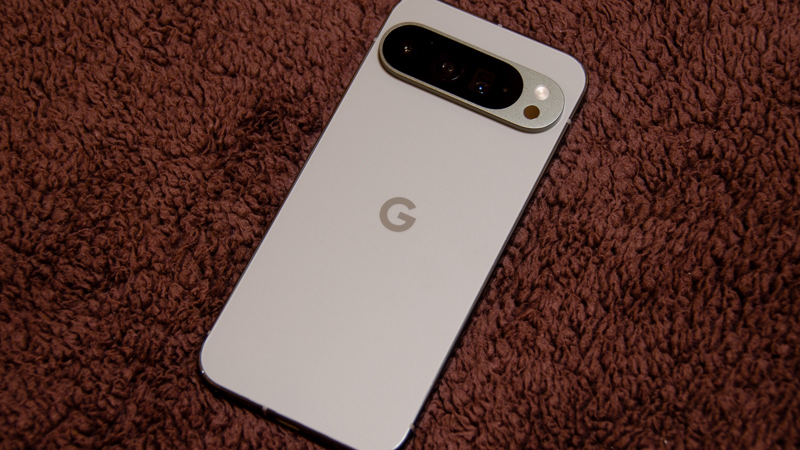 Rear of a Google Pixel 9 Pro XL on fabric